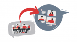 A graphic showing the transition from an in-person training setting to an online setting.