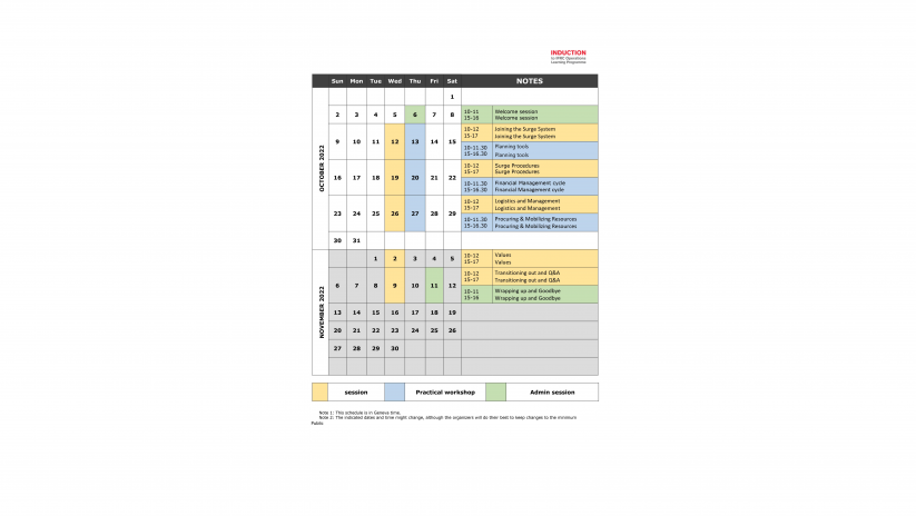 Calendar for Induction Training